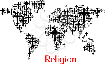 World map design of crucifix cross pattern. Religion conceptual decoration background of vector icons of crucifixion. Christianity orthodox, catholic symbols