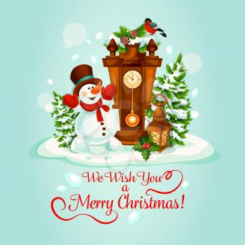 Christmas Day holiday poster with snowman, clock and candle lantern, adorned by holly and fir tree branches. Snowman is celebrating Christmas in a snowy winter forest for greeting card design