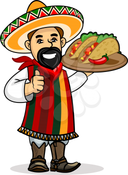 Mexican cuisine icon. Smiling latino chef cook in national clothing poncho, sombrero, mustache holding menu card template and spicy tacos on plate. Vector emblem for restaurant signboard, menu, welcom