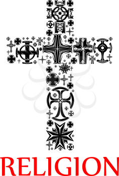 Religion symbol with black silhouette of a cross, composed of various religious crucifixes and crosses, adorned by celtic ornaments, floral motif and openwork pattern