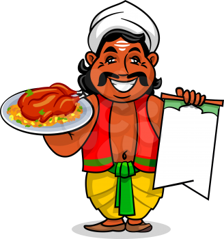 Indian cuisine icon. Indian chef cook in national clothing holding menu card template and grilled chicken with curry rice and vegetables on dish. Vector emblem for restaurant signboard, menu, decorati