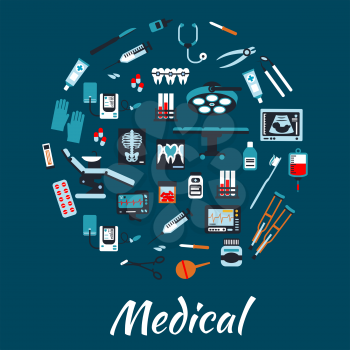 Medical infographic poster background. Vector symbols and icons of health care equipment and therapy syringe, nurse and dropper, pill and ointment, x-ray, stethoscope, tooth, dentist chair, gloves, to