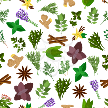 Fresh kitchen herb and spice seamless pattern with parsley, basil, mint, vanilla, cinnamon, ginger, thyme and dill, rosemary and anise star, bay leaf, cloves, lavender, arugula and sage