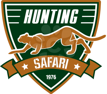 Hunting safari club sign. Hunter sport team shield symbol. Safari hunt of wild animal leopard, panther, ribbon, star