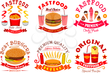 Fast food signs, icons set. Vector isolated symbols of cheeseburger, hot dog, hamburger, french fries, burrito, chicken crispy nuggets, soda drink. Fastfood snacks and ice cream dessert badges, ribbon