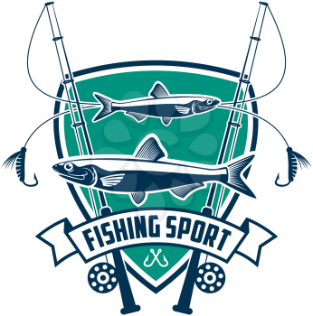 Fishing sport sign. Fisherman sport club vector isolated badge icon of fish, fishing spinning rod, hook bait, ribbon, marine shield. Fishing adventure trip