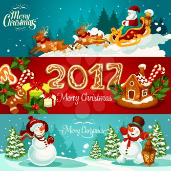 Christmas holiday banner set with gift box and gingerbread house with holly berry and candy cane, Santa Claus in sleigh with deer, ginger cookie man and number 2017, snowman with gift bag and lantern