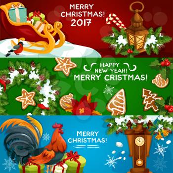 Festive Christmas and New Year banner set. Gift box, xmas tree wreath with holly berry, candy cane and bell, gingerbread cookie, lantern, rooster, poinsettia flower and clock. Winter holidays design
