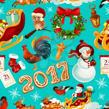 New Year and Christmas holidays seamless pattern. Santa with gift in reindeer sleigh, snowman, pine and holly wreath with ribbon, star, glove, snowflake, gingerbread number 2017, rooster, calendar