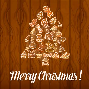 Christmas tree poster of vector traditional christmas sweets, cookies, biscuits in shape of gift box, stocking, mittens, snowman, stars, balls. Merry Christmas greeting card