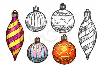 Christmas balls sketch set. Vector isolated new year traditional glass balls icons round and icicle shape, decorated with winter ornament