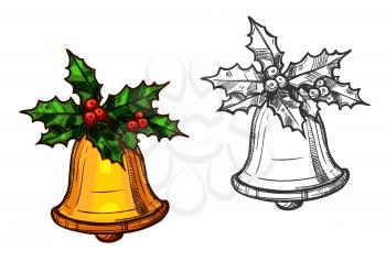 Christmas gold bell with holly. Vector color sketch isolated icons of traditional new year and christmas ornament