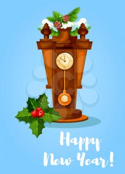 New Year vector greeting poster, card with retro wooden pendulum clock with chimes, holly bow ornament, pine, branches with fir cones under snow