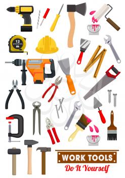 Work tools icons set with hammer and spanner, screwdriver, wrench, pliers, saw, measuring tape and axe, paint roller, brush, drill and spatula, nail and screw, trowel. Carpentry and building industry 