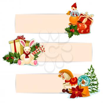 Christmas gift banner set. Present boxes with bow, holly berry, candy cane, xmas tree, snow globe, poinsettia, rabbit, horse and clown toy. Festive label with copy space for xmas holidays design