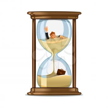 Businessman be trapped in hourglass and sinking in sand. Expired deadline, business time management, time is running out themes design