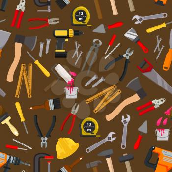 Work tool, repair instrument and equipment seamless pattern with hammer, screwdriver, spanner, pliers, wrench, drill, crew, saw, spatula, trowel, axe, paint roller, brush, nails, measuring tape