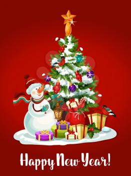 Snowman with gift and present box with red ribbon, holly berry and candy cane decor standing near pine tree, adorned by bauble ball, lights and golden star. New Year holiday card design
