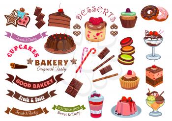 Pastry dessert badge design element. Cake, cupcake, donut, ice cream, gingerbread, cookie, muffin with chocolate, cream, fruit, candy and ribbon banner. Pastry shop and cafe emblem design