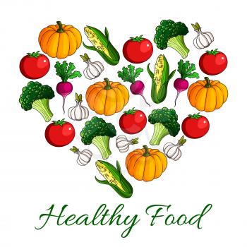 Vegetable heart, love vegetarian food poster. Broccoli, tomato, garlic, radish, corn and pumpkin vegetables. Fresh farm veggies for healthy food menu, agriculture design