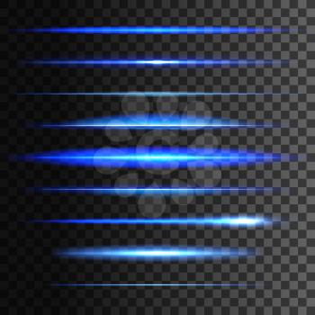 Glowing light lines. Vector set of light glow linear effect. Blue neon light flash stripes and sparkling rays traces on transparent background