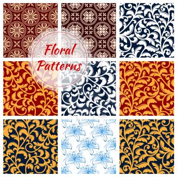 Floral patterns set. Decor seamless flourish ornate background with flowery damask and arabesque ornament. Luxury flower embellishment classic and vintage decoration tiles