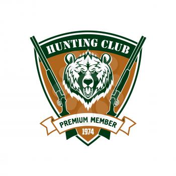 Hunting club vector isolated icon. Hunter sport club member identity symbol with wild bear grizzly, rifles, guns. Membership label shield
