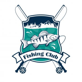 Fishing club sign. Vector isolated fisherman sport club emblem with fish hooked on fishing rod. Fishery adventure sport camp badge ribbon