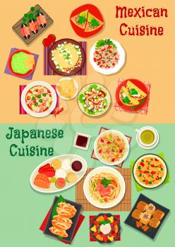 Mexican and japanese cuisine icon with chorizo salad taco, sashimi, seafood rice, guacamole, nacho, beef and salmon ceviche tortilla, pork noodle, seafood, meat, vegetable salads, egg roll, dessert