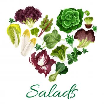Vegetable greens heart symbol made up of fresh salad leaves of lettuce, spinach, chinese cabbage, cress salad, iceberg, corn salad, bok choy, radicchio, arugula, chicory, chard, batavia, sorrel