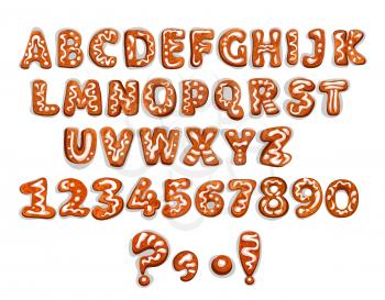 Gingerbread letters and digits. Christmas ginger cookie in shape of alphabet character, number and punctuation marks with sugar icing ornament. Christmas and new Year holidays design