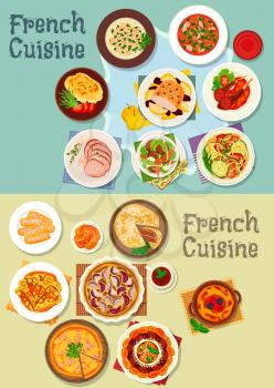 French cuisine meat and dessert dishes icon set of ratatouille stew, onion, ham pie, lamb and beef roast, meat stew, baked pork and potato, fruit cake, pancake, stuffed cabbage, berry dessert, cookie