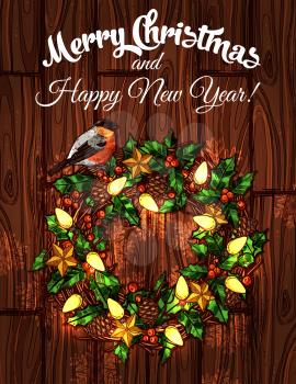 Christmas and New Year wreath composed of holly berry on wooden background, adorned with golden star, snowflake, garland, bullfinch and pine cone. Winter holidays poster design
