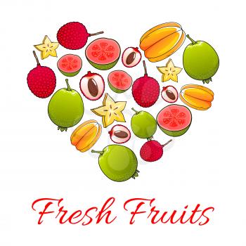 Fresh fruits poster. Vector heart of tropical exotic juicy papaya, mango, carambola, feijoa, passion fruit maracuya, dragon fruit, lychee, durian, guava, fig, mangosteen