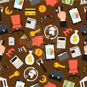 Business pattern. Seamless background of business economics items, businessman accessories flat icons. Vector boss chair, safe box key, money bag, credit card, piggy bank, dollar, euro coins and bankn