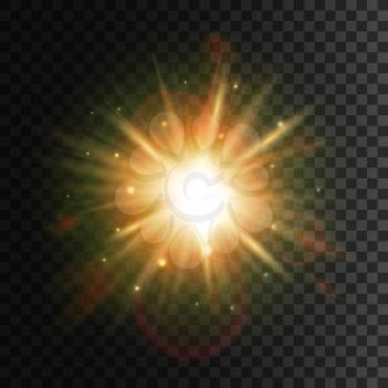 Star light with lens flare effect. Shining sun glow. Sparkling light particles and sun rays on transparent background with halo effect