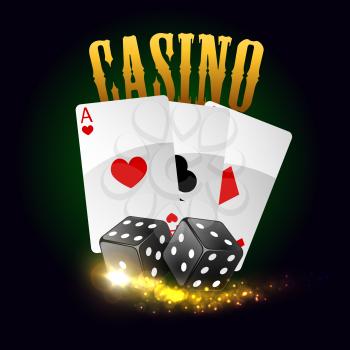 Casino poker cards with spades, hearts, clubs and gaming dices with lucky number combination. Vector poster with gold glittering light sparkles. Las Vegas casino gaming bets concept with golden letter