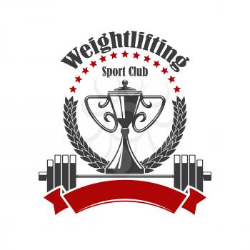 Weightlifting sign. Vector badge for weightlifter sport club gym. Icons of weight dumbbell, iron barbell, ribbon, stars, champion cup and winner laurel wreath