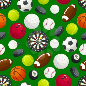 Sport ball pattern. Vector seamless background of balls for soccer football, volleyball and rugby, tennis and baseball game, basketball, golf with bowling ball and darts