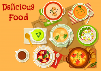 Popular soup menu icon with mushroom cream soup, egg vegetable salad, fish soup, french cheese soup, mushroom beet soup, spanish garlic soup, lentil ham soup