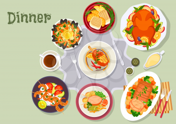 Christmas dinner icon of baked duck with fruit, pork with vegetable, pork chop, fish with oranges, seafood paella, beef steak, spicy shrimp skewers. Festive xmas and New Year menu design