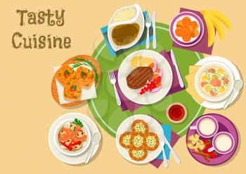 Thai and finnish cuisine dishes icon with green curry, fried banana, shrimp mushroom soup and pork sandwich, rice pie, salmon cream soup, venison in berry sauce and dairy dessert