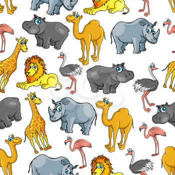 African and jungle cartoon safari animals pattern. Vector seamless pattern of cute lion, camel, ostrich, flamingo, rhinoceros, monkey, camel, flamingo, ostrich, hippo, giraffe