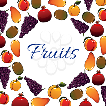 Vector fruits banner with round space for text. Fresh farm fruit flat icons in emblem of ripe garden and exotic fruits mango, pear, apple, plum, pomegranate, apricot, avocado. Decoration design elemen