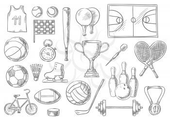 Sport sketch isolated items. Vector balls and sportive equipment. Basketball t-shirt, checkered flag, tennis balls, shuttlecock and rackets, playing soccer football filed, skating champion prize cup, 