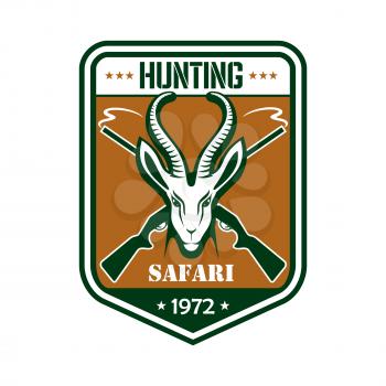 Safari Hunting emblem. Vector isolated shield square shape icon or badge with African gazelle or saiga antelope in savanna and ribbon. Hunter sport adventure club symbol or icon