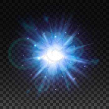 Flash burst of star light with blur and lens flare effect. Shining sun glow. Sparkling light of sun rays on transparent background. Neon blue and purple beam explosion radiance
