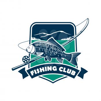 Fishing club sign or emblem. Fisherman sport adventure badge with vector shield shape symbol, fishing rod with float and hook, big carp of tuna fish in river water with blue ribbon design