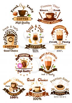 Coffee emblems and signs set. Mug of hot arabica espresso, cappuccino or moka latte, iced coffee drink cup, milk shake cocktail, biscuit and chocolate muffin dessert. Vector isolated icons, ribbons, c
