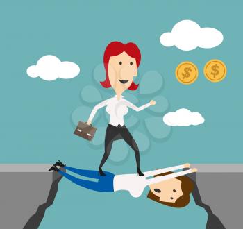 Woman manager overstep colleague to achieve money goals or career success. Business metaphor of doing elbow work or walking over heads and stepping over people for successful job promotion, financial 